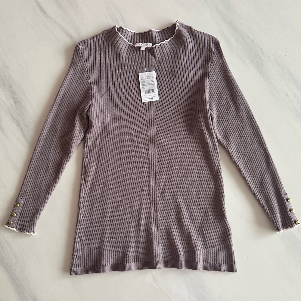 Laura Petites - Ribbed Long Sleeve Knit Top in Mauve - Small